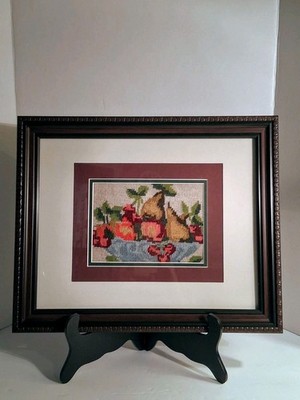 Vintage Needlepoint (Completed); Framed Folk Art;Still Life Fruit; Denmark Made;
