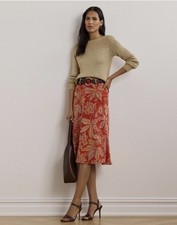 175 Lauren Ralph Lauren Women's Floral Crinkle Georgette Midi Skirt Size 12 Red