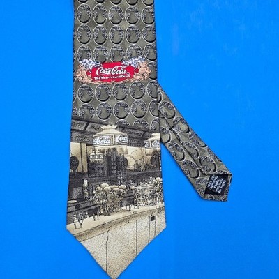 Vintage Coca-Cola Silk Tie Olive Green Soda Fountain Advertising Americana 5¢