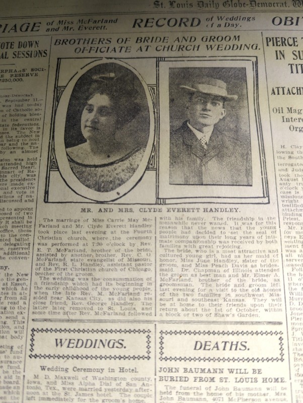 SEPT 12, 1906 NEWSPAPER #2729-MR & MRS CLYDE EVERETT HANDLEY MARRIED IN ST LOUIS