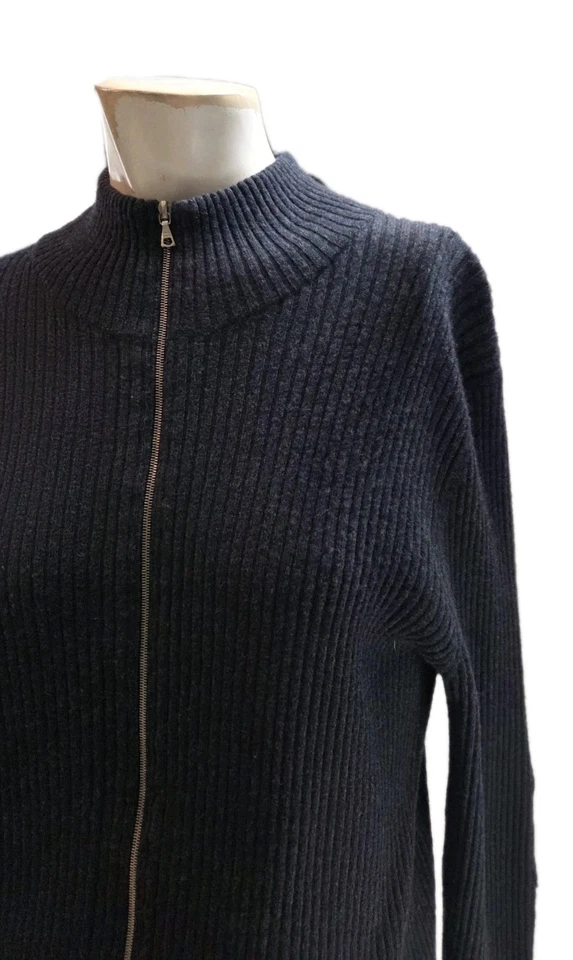 Dries Van Noten 女式毛衣大号灰色罗纹美利奴羊毛全拉链 — 第 2/4 张图片