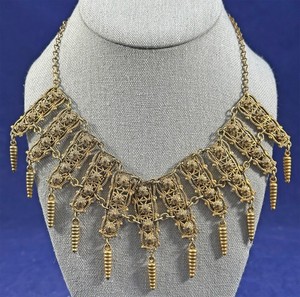 Vintage ArtDeco Jewelry Gold Brass Coil Spiral Pendulum Fringe Filigree Necklace