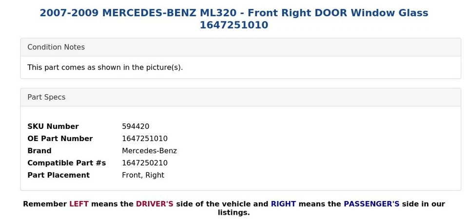 2007 - 2009 MERCEDES-BENZ ML320 - 右前门窗玻璃 16472510 — 第 3/4 张图片