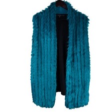 GUESS Los Angeles Faux Fur Open Front Vest Teal Blue Size XL High-Low Hem