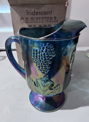 Vintage Indiana Carnival Glass Pitcher, Grape And Leaf Design, Original Box- EUC