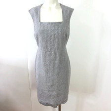 Talbots 2 Linen Blend Square Neck Sleeveless Striped Above Knee Dress Gray MINT