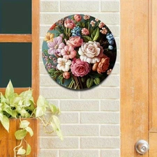 1pc Vintage Floral Metal Wall Art - 7.87 Inch Round Glossy Aluminum Sign with Im