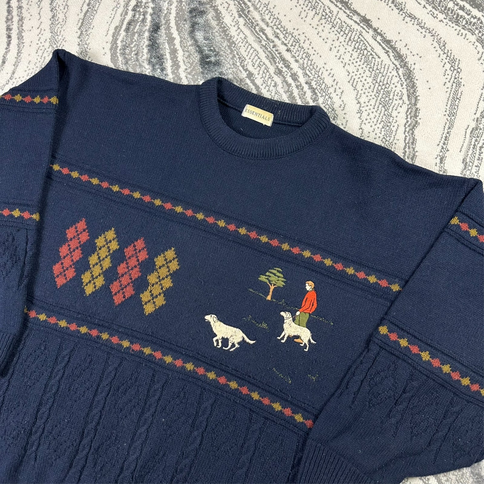 VTG Essentials Navy Dog Tree Fair Isle Cable Knit Size Medium Wool Blend Jumper image 2