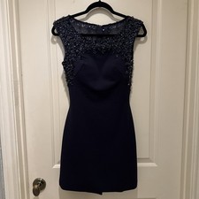 Sherri Hill Navy Blue Beaded Evening Formal Office Siren Sheath Dress Size 4