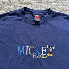 Vintage Mickey Mouse Florida Embroidered Navy Blue 90s Tee Size Large Disney USA