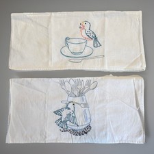 PAIR VTG Whimsy Cottage Coastal Tea Towels Embroidery Bird Kitchen