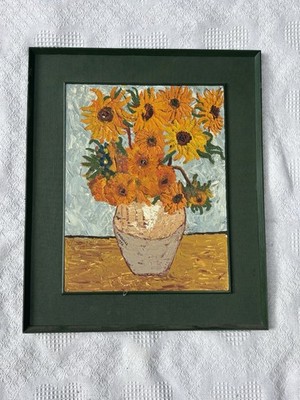 Vintage 1973 Sonnenblumen Ölgemälde gerahmt Van Gogh Stil Impasto Strukturkunst