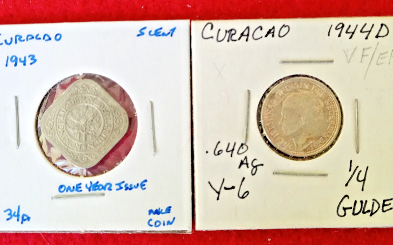 Foreign Coin       CURACAO   2 coin lot 1944D 1/4 Gulden SILVER & 1943 5 Cent