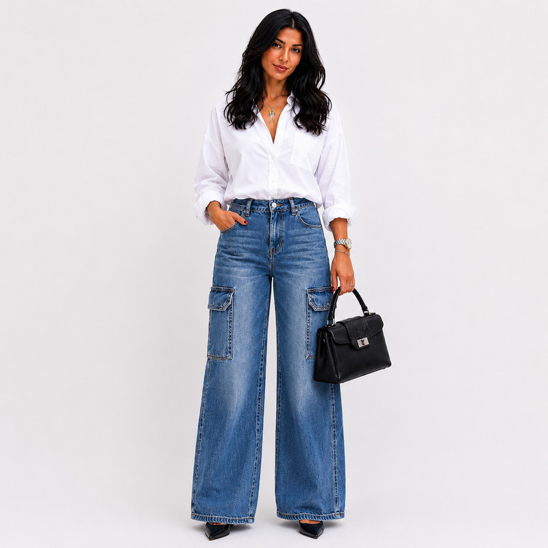 True Religion Women’s Cargo Jeans – Medium Wash Utility Style, Size 30.
