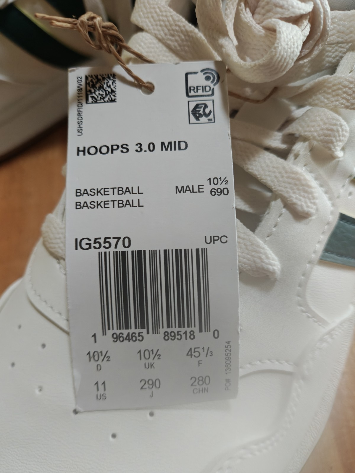 Hoops 3.0 Mid Classic Vintage Shoes, Men's 11, Core White/Collegiate Green/Gum thumbnail 6