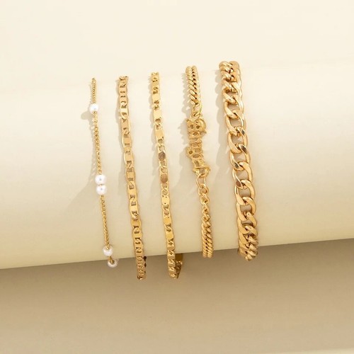 5Pcs Trendy Chain Bracelet Set For Women stacking Letter Gold Silver Color Link - Picture 2 of 4