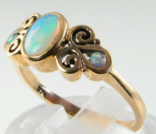 ANELLO ETRUSCO ORO 9K 9 CT IN OPALE ART DECO IN 3 PIETRE TRILOGIA ETRUSCA RIDIMENSIONAMENTO GRATUITO - Foto 2 di 6
