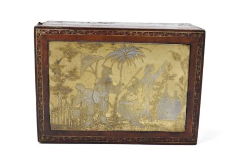 Antique Chinoiserie Jewellery Trinket Box Brass Panel Tooled Leather - Picture 2 of 8