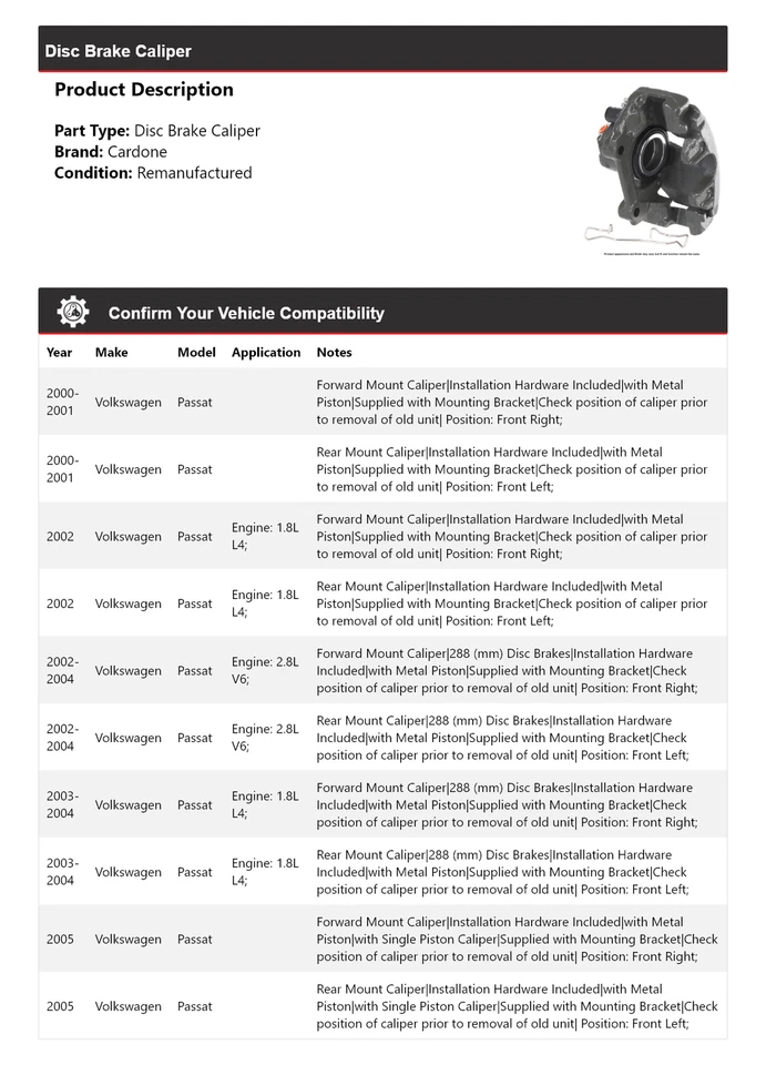Pinza de freno de disco Cardone 2001 2002 2003 2004 para Volkswagen Passat 2000-2005 Foto 2 de 4