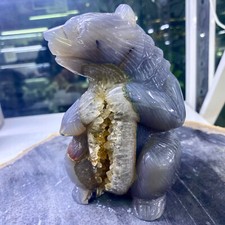 2.68LB Natural agate crystal cave quartz crystal bear hand carved-