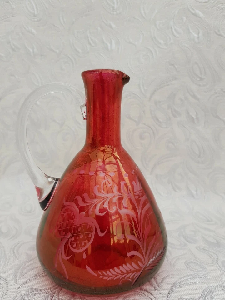 Bohemian 19c red cut to clear engraved glass cruet jug - Image 2 of 4