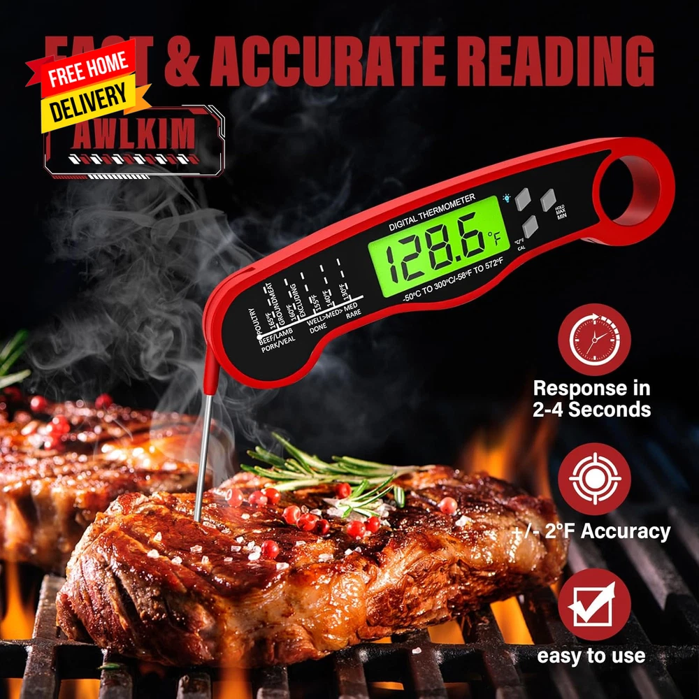 Meat Thermometer Digital - Waterproof Kitchen Thermometer with Backlight and Hol
