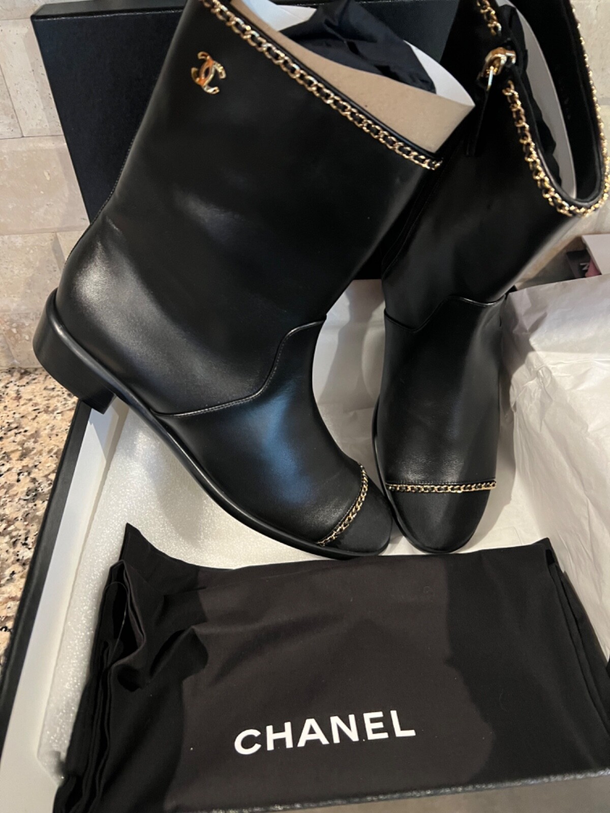 CHANEL CLASSIC 21A NEW TAGS BLACK LAMBSKIN ANKLE BOOTS GOLD CC CHAIN FR38.5 image 9
