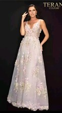 Terani Couture Womans Size 8 Floral V Neckline Tulle Long Prom Ball Gown Dress