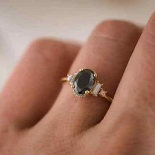 Black Onyx Engagement Ring Oval Cut 925 Silver Engagement Ring,