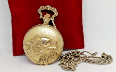 Vintage PARMEX Fish Embossed Full Hunter Quartz Pocket Watch-Working