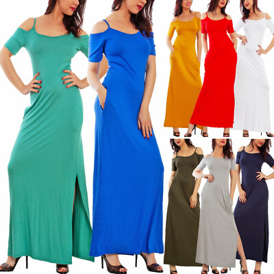 Kleid Frau Langes Sommer Strandkleid Schultern Nackt Basic Toocool VB-19206