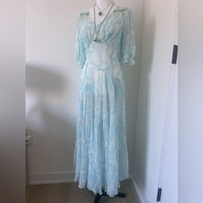 Vintage 100 Silk Paisley Maxi Boho Resort Dress Aqua w Feather Crystal Detail S