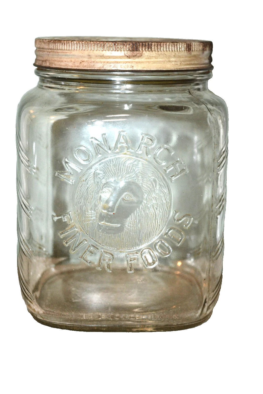 1940's Monarch Finer Foods Embossed Lions Head 8" Glass Jar Chevron Owens Ill