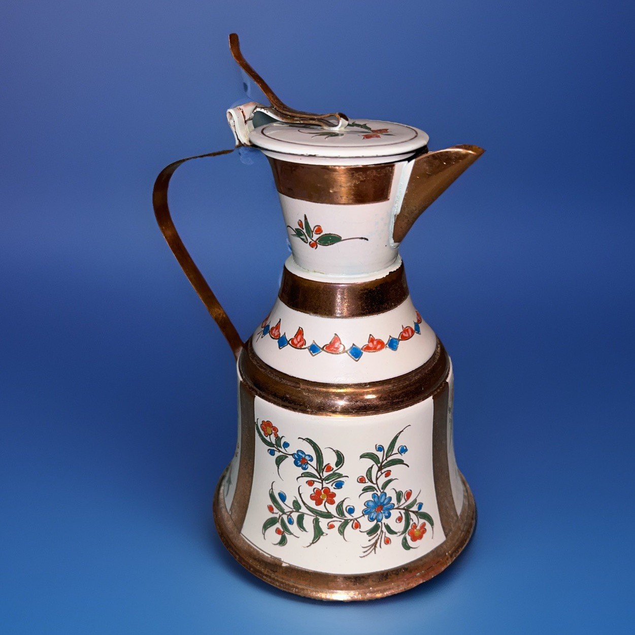 Vtg.Turkish Gulistan Enameled Copper Tea/Coffee Pot Floral Motif 7&rdquo;Tall Preowned