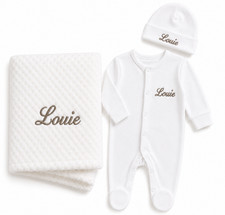 Personalised, Baby Gift Set, Embroidered, Blanket, Sleepsuit, Hat, Newborn, 0-3M