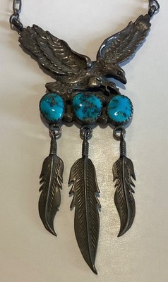 Vintage Navajo Sterling Silver Turquoise Eagle Feather Necklace Pendant