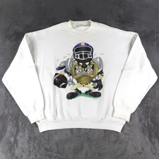 Vintage 90s Taz Football Double Sided Sweatshirt Looney Tunes XL White USA Made