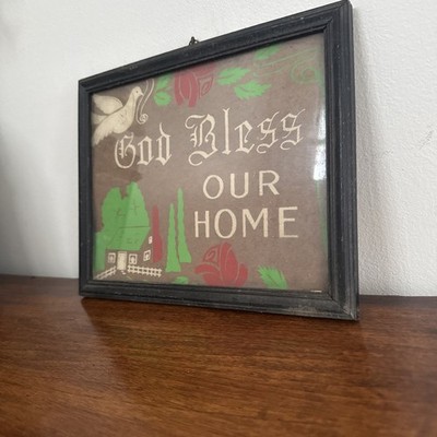 Vtg God Bless Our Home Folk Art Sign Gold Glass Framed Flowers Hand Painted