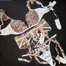 For LOVE LEMONS 34DD,36C BRA SET XL garter thong SIENA White Pink Beige Gold