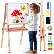 Wooden Adjustable Easel for Kids, Quick-Fold Kids Easel with Paper Roll Accessor