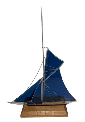 Jay Smith 1989 Sailboat Blue Stained Glass & Wire Sculpture- Signed- Wood Stand