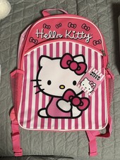 Hello Kitty Pink White Striped Small Polyester Zip Backpack - Back to School