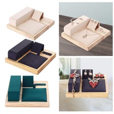 Wooden Velvet Jewelry Set Display Stand Elegant Necklace Earrings Holder
