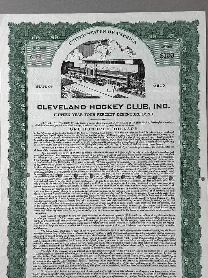 VTG 1937 Cleveland Ohio Barons Hockey Club 15 Year Bond American Hockey League - Image 2 of 4