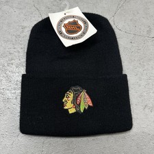 Vintage Chicago Blackhawks Knit Beanie Hat Cap Black Mens 90s Deadstock NHL 80s