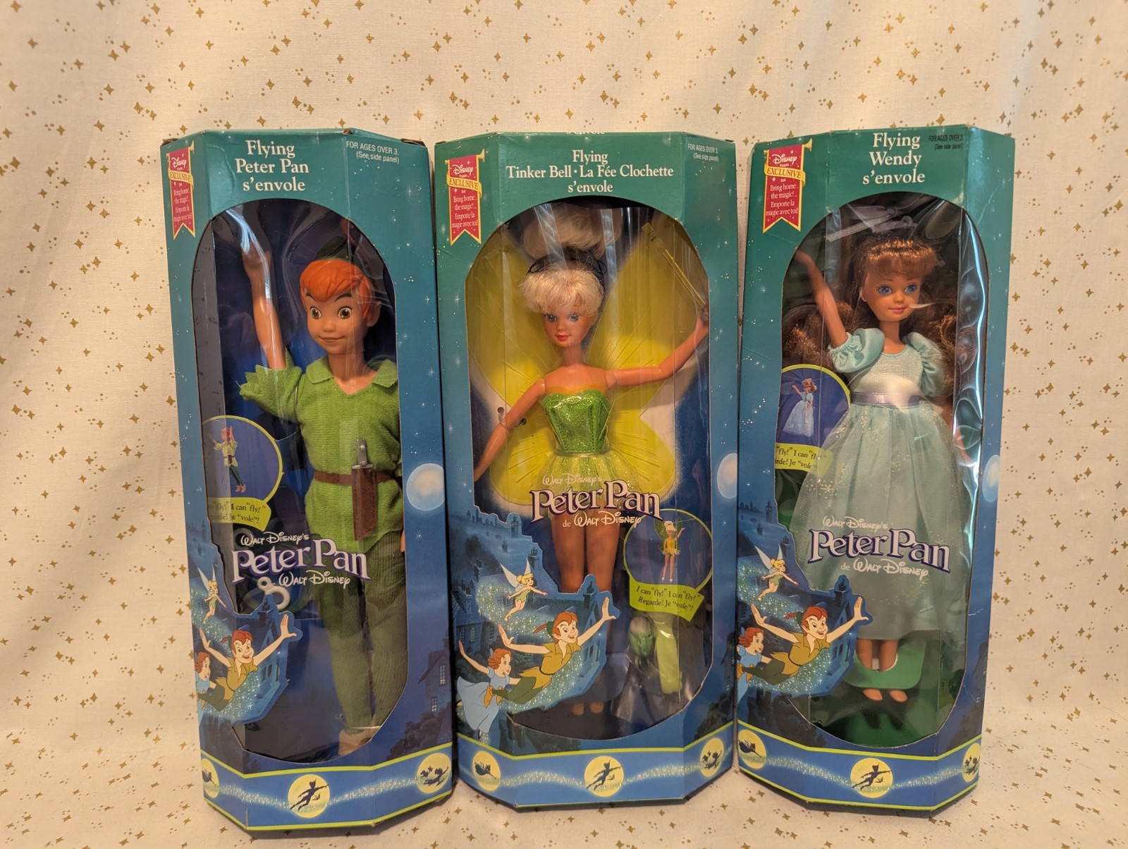 Disney Flying Peter Pan Wendy Tinker Bell Doll Set Lot NEW  