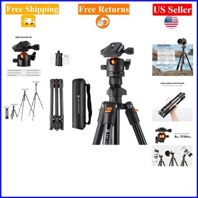 64in Aluminum Travel Tripod with 360° Ball Head, Smartphone Clip, Load 8kg