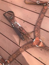 USED QUALITY RAFTER T WESTERN TOOLED LEATHER HEADSTALL BREAST COLLAR SET HORSE