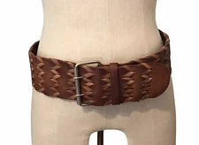 WCM New York Woven Leather Belt VTG Extra Wide 3” Cognac Brown Women’s Sz L
