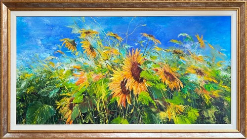 Quadro ad olio originale incorniciato girasoli fiori cielo estivo firmato 48" Ucraina